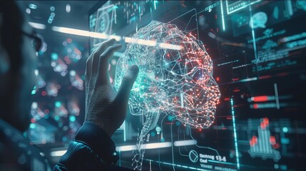 Poster - This image shows a computer screen displaying a futuristic artificial intelligence spreading through the internet. A visual representation of machine learning, artificial intelligence, and computer