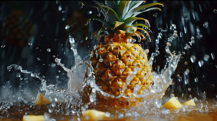Wall Mural - Pineapple splashed with water on a dark background