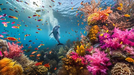 Poster - Underwater scene with a dolphin, tropical fish, and a coral reef.