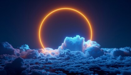 Wall Mural - a glowing orange circle is in the center of a blue sky with clouds by ai generated image