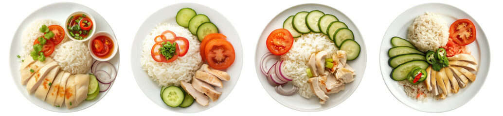 Wall Mural - Hainanese chicken rice, with cucumber slice and coriander leaves, Singaporean dish, isolated on transparent background, top view of PNG food