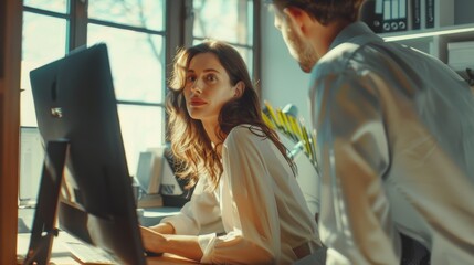 Poster - A beautiful businesswoman sits at her desktop computer in a bright modern office while the project manager stands alongside her, discussing a problem and finding a solution