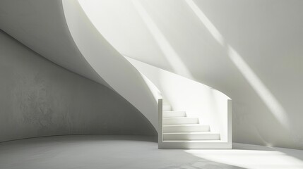 Aufkleber - A white backdrop framed by long shadows cast by a winding staircase bathed in soft natural light.