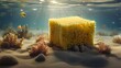 A sponge resting on a sandy seabed, surrounded by tiny fish darting around