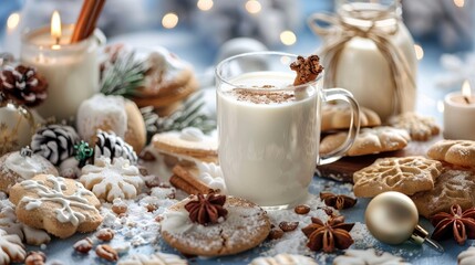 Poster - a digitalized image showcases a festive scene with snowy white spots adorning a spread of milk and c