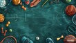 © horizon - A chalkboard background with sports equipment and items scattered around it, such as balls, shoes, rackets, sticks