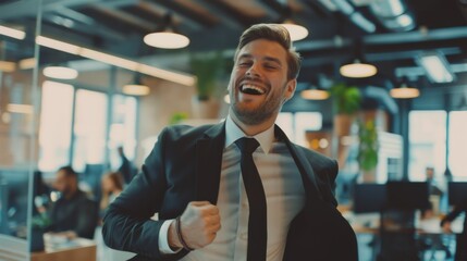 Poster - Business Manager wearing a suit and tie dancing in the office. Diverse and motivated business people work together on computers.