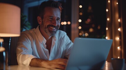 Poster - An attractive middle-aged businessman working on his laptop has a discussion with a younger colleague. The two share a smile and have fun. A stylish office late in the evening.