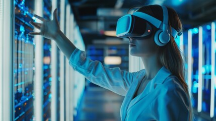 Poster - the beautiful confident woman does a augmented reality activating touch gesture in a modern data cen
