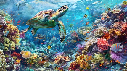 Poster - Underwater scene with a sea turtle swimming over a colorful coral reef.