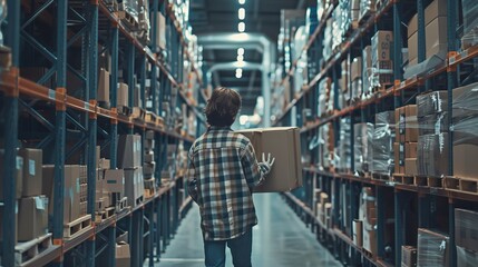 Poster - A worker walks with a cardboard box, puts it on a shelf in a warehouse. A side-by-side shot of the warehouse.