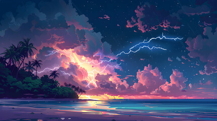 Flat Design Backdrop: Thunderstorm Over Tropical Island   A tropical island s vivid lightning pierces the sky, capturing the majestic fury of a thunderstorm in a stunning flat illu