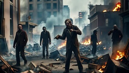 Wall Mural - ruined smoking city with zombies stumbling 4k loop features an a.i. generated video of people or zom