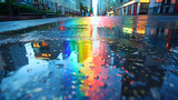 Fototapeta Zachód słońca - Downtown Rainbow Reflections: A colorful urban tapestry where a downtown area reflects a brilliant rainbow in puddles on the streets   Photo Stock Concept