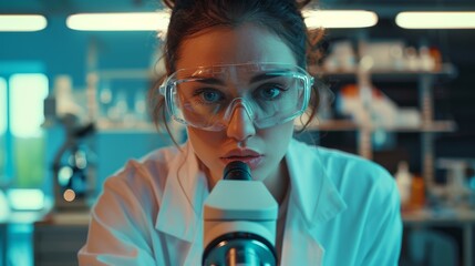 Poster - portrait of a beautiful female scientist in goggles looking under microscope at samples. advanced sc