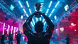 © Антон Сальников - Player celebrating victory and holding the trophy in a stylish neon-lit championship arena during a pro video gaming event online.