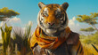 Tigre vestindo um colete de couro marrom escuro, combinado com um lenço laranja. em ambiente de savana africana, com vegetação ao fundo em tons de verde e amarelo