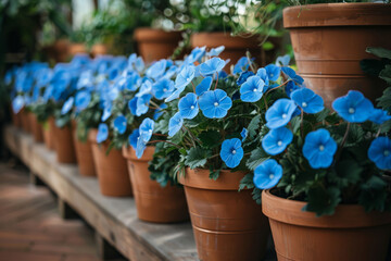 Sticker - A row of blue flowers in pots on a wooden shelf