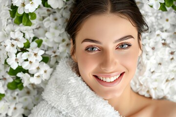 Wall Mural - Beautiful young woman portrait after spa treatment with white flowers background. Copy space