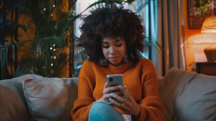 Poster - A beautiful Latina with afro hair browsing the Internet and watching videos on social networks in her Stylish Cozy Living Room at Home.