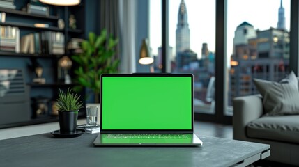 Wall Mural - On the table of the cozy living room, a laptop computer with mock-up green screen displays is standing in front of a stylish, modern, bright home office studio during the day with a big cityscape