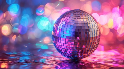 Wall Mural - Disco ball casting vibrant colorful reflections on a glossy surface with a bokeh light background