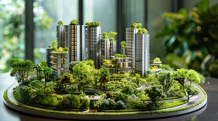 Miniature model of a modern green eco-friendly city with skyscrapers and parks, sustainable living