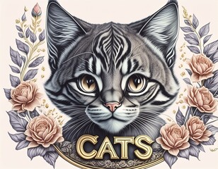   花とデザインモチーフのリアル猫