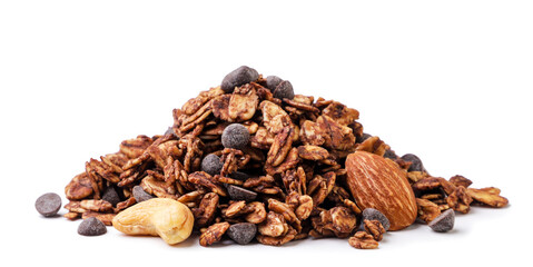 Wall Mural - Pile of chocolate granola with nuts close-up on a white background. Isolated