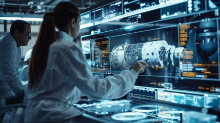 Poster - Aerospace Spaceship Manufacturing Facility: Scientists Building Spacecraft for Space Exploration. Team of Engineers Building Satellites, Talking about Data.