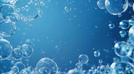 Poster - A realistic blue 3D modern illustration with air bubbles and effervescent fizz lines. Dynamic aqua motion, randomly moving underwater fizzing, a soda drink frame design on transparent background.