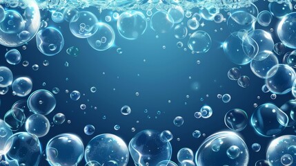 Poster - Floating bubbles, effervescent water fizz border. Dynamic aqua motion, randomly moving underwater fizzing, soda drink frame design on transparent background. Blue 3D modern illustration.