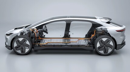 Wall Mural - Modern electric car bisected to showcase interior technology and advanced battery system