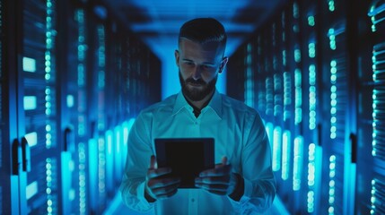 Poster - A handsome IT specialist uses a tablet computer in a data center. A successful businessman and entrepreneur is looking out over a large server farm.