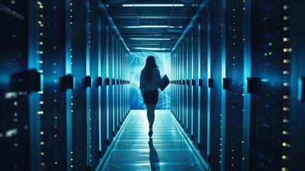 Poster - In the middle of a big server farm cloud computing facility, a female IT specialist is using a laptop computer as she walks across a bridge. Entrepreneur, businesswoman.