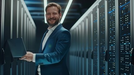 Poster - A smiling IT specialist works in a data center. A successful entrepreneur looks out on a cloud computing farm.