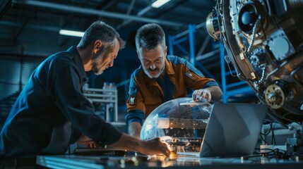 Poster - Engineers and technicians working on satellite construction. Scientists in the Aerospace Agency develop spacecraft using technological equipment and laptop computers.