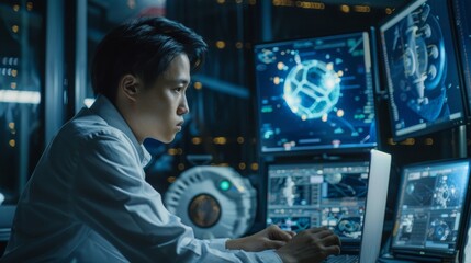 Poster - The Aerospace Agency: Asian Scientists use laptop computers to develop spacecraft for exploration of space and data communication in space.