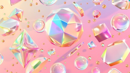 Poster - On a pink background with gold pearls, an abstract banner with geometric shapes hemisphere, octahedron, ball, cone, cylinder, pyramid and icosahedron.