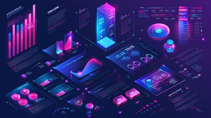 Poster - Using infographic modern elements, financial information data tables, and isometric charts and diagrams for business presentations, reports, or web pages.