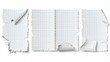 © Mark - Blank notepad paper pieces isolated on white background. Ragged lined and checkered blank pages for memo and daily planner. Realistic 3D modern illustration.