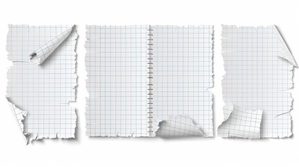Poster - Blank notepad paper pieces isolated on white background. Ragged lined and checkered blank pages for memo and daily planner. Realistic 3D modern illustration.