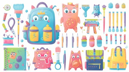 Sticker - Cartoon characters with cute kawaii faces. School supplies modern set includes pencil, felt-tip pen, paint brush, textbook, backpack and compass.