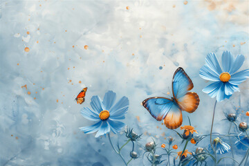 Wall Mural - Summer wallpaper with blue blossom cosmos flowers and butterfly with copy space in artistic minimalist water painting.