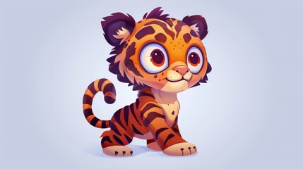 Wall Mural - The cute cartoon character tiger cub is hunting, slinking, and roaring. Funny animal mascot stand with arms up. Kawaii wild baby kitten with smiling muzzle and striped skin, Modern illustration,