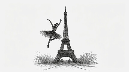 Canvas Print - simple line art minimalist collage illustration with professional rhythmic gymnast and Eiffel Tower in the background,