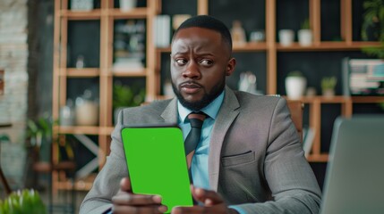 Wall Mural - African-American Businessman with a Green Screen Chroma Key Smartphone in Office. African-American Businessperson using Social Media, Internet, Shopping Online with Mobile Device. Overshoulder view.