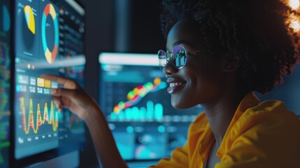 Poster - Black female IT technician, using laptop, using big data statistics and graphs. Smiling creative software engineer, working on eCommerce marketing and development projects.