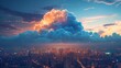 © MAY - A giant cloud hovering over a cityscape, representing the integration of cloud computing in urban infrastructure and services.