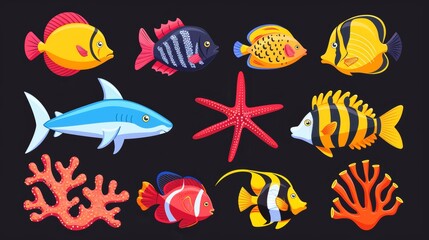 Wall Mural - Fish, coral, stars, sponge and actinia are cartoon modern illustrations isolated on black background. Yellow tang, striped butterfly fish, shark, Yellow tang, school of tuna, actinia, seaweed,